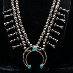 Vintage Native American Sterling Silver, Turquoise Squash Blossom, Unsig…